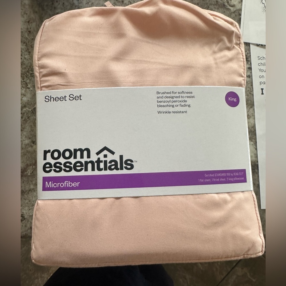 Brand new microfiber Room Essentials light pink King sheet set 4 pieces